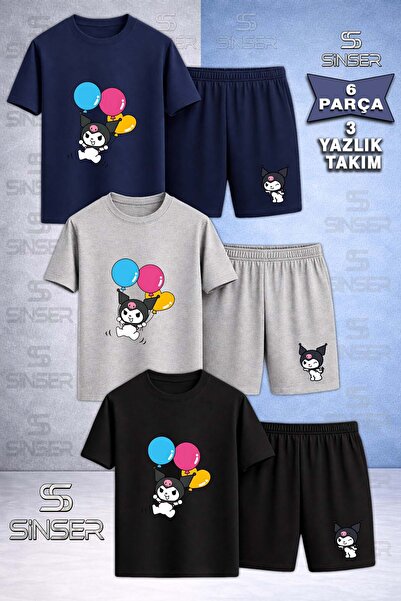 SS SİNSER Children's Kromi Balloon Printed Crew Neck 3-Piece T-Shirt - Shorts...