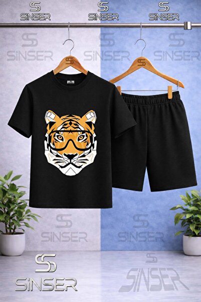 SS SİNSER Children's Tiger Head with Glasses Printed Crew Neck T-Shirt - Shor...