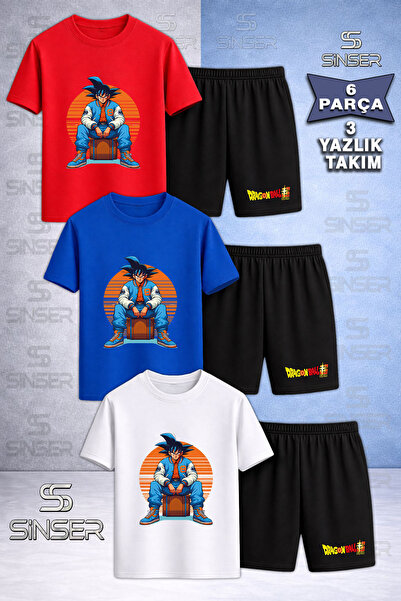 SS SİNSER Children's Goku Sitting on the Moon Orange Printed Crew Neck 3-Piec...