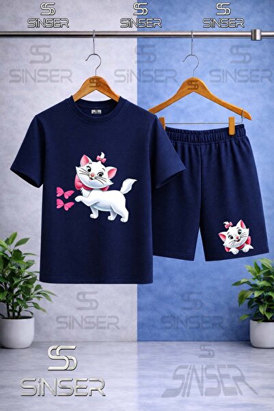 SS SİNSER Children's Cat Butterfly Printed Crew Neck T-Shirt - Shorts Set