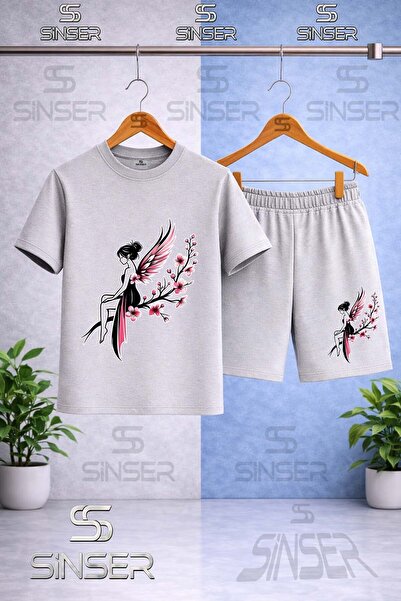 SS SİNSER Kids' Girls' Flowered Winged Printed Crew Neck T-Shirt - Shorts Set