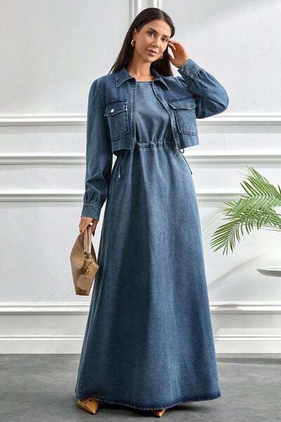 MİSSKAYLE Σετ τζιν 2 τεμαχίων – Τζιν φόρεμα με κοντό σακάκι