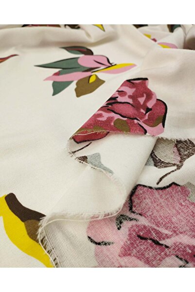 Kumaş Parça Εκρού με ροζ λουλούδια, λινό ύφασμα Alaçatı, Πλάτος: 150 εκ.