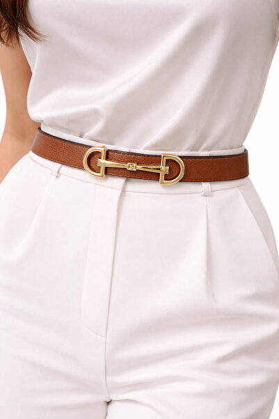 kemer krallığı Imperio Gold D Buckle Double-Sided Tan & Black Women's Belt