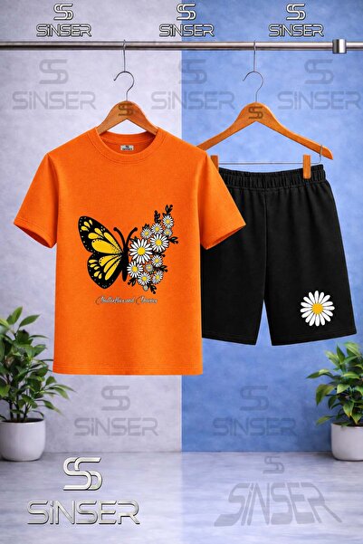 SS SİNSER Children's Buttrfly Yellow Wing Daisy Printed Crew Neck T-Shirt - S...