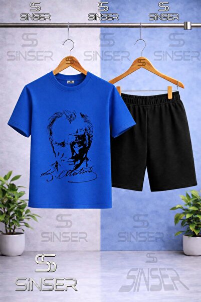 SS SİNSER Children's Ataturk Signed Black Printed Crew Neck T-Shirt - Shorts Set