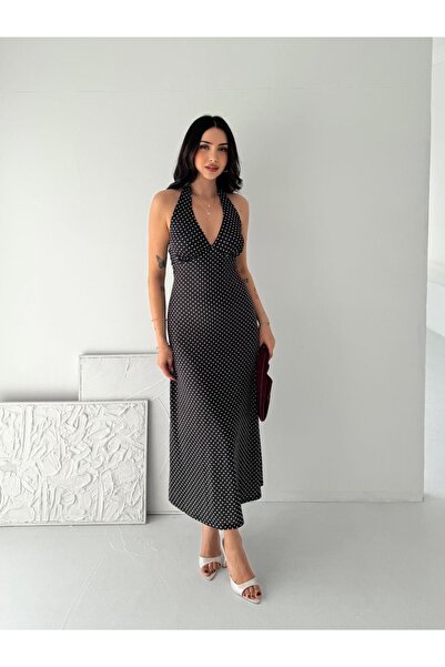 Paraf style Πουά Φόρεμα Μίντι με Λαιμόκοψη Halter, Κομψό Καλοκαιρινό