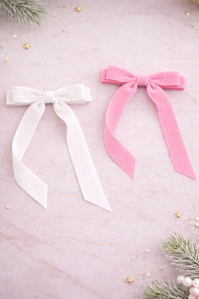 Moonbelle Girl's Velvet Bow Clip Buckle Pink White - Set of 2