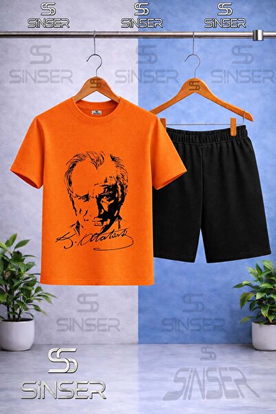 SS SİNSER Children's Ataturk Signed Black Printed Crew Neck T-Shirt - Shorts Set