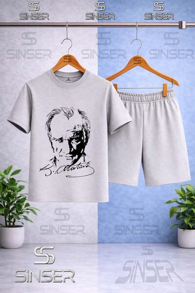 SS SİNSER Children's Ataturk Signed Black Printed Crew Neck T-Shirt - Shorts Set