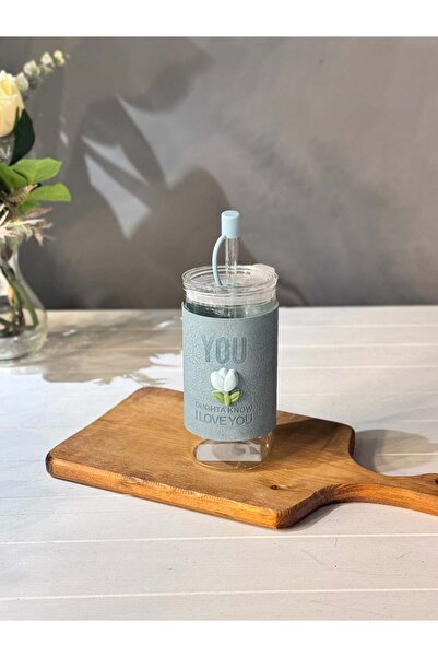 şirineşyalarım Kapaklı Cam Pipetli Lale Kupa 370 ML - Mavi