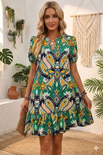 Modayakamoz Νέα συλλογή Γυναικείο κοντομάνικο φόρεμα με λαιμόκοψη V και σχέδι...