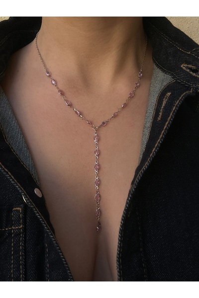 pop up store Pembe Zirkon Taşlı Gümüş Çerçeve Y Kolye