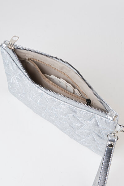 Vivaq Kadın Gümüş Simli Yıldız Nakışlı Suni Deri Bilek Ve Zincir Askılı Portföy El Ve Clutch Çanta
