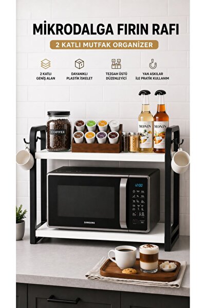 Bambus Home 2 Katlı Mikrodalga Rafı Kahve Köşesi Tezgah Üstü Mikrodalga Stand...