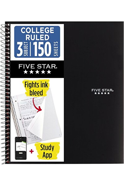 Generic Five Star Spiral Notebook, 3-Subject, College-Ruled, Ink Bleed Resist...