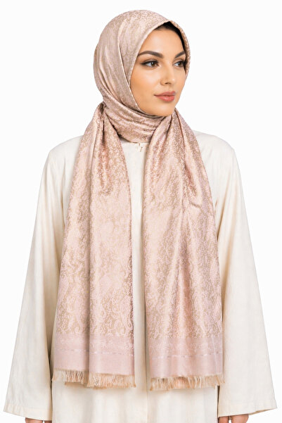 Marever Fashion Çift Taraflı İpek Şal Bej Pembe 75x180 cm – Desenli Lüks Tese...