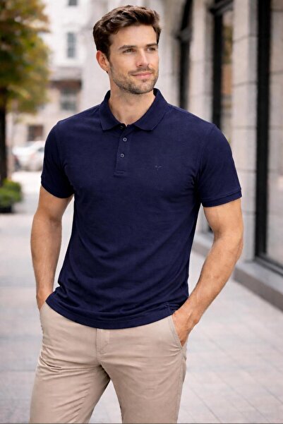 NOIRWEAR Erkek Slim Fit Dar Kesim %100 Pamuk Düz Pike Lacivert Polo Yaka Tişört