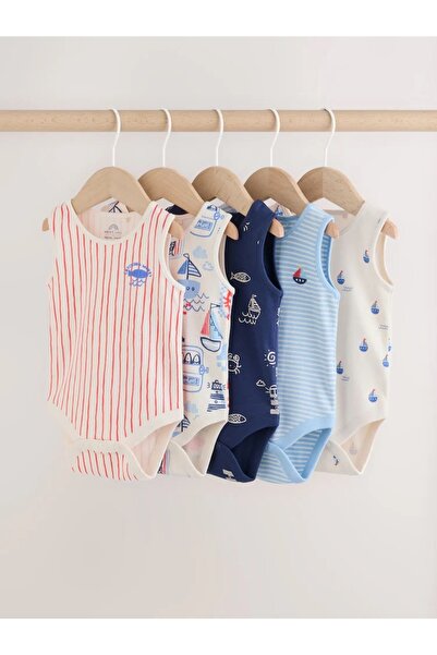 Next Baby 100% Cotton Navy Blue/Red Striped Baby Rompers 5-Pack
