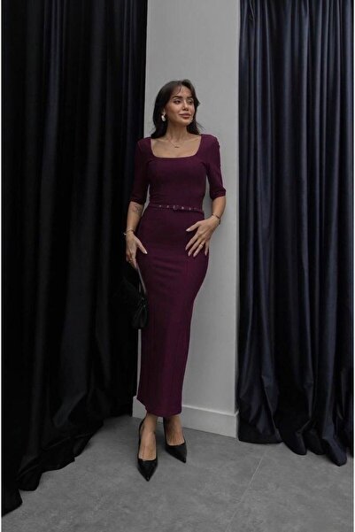 mafdress Kadın Kare Yaka Mürdüm Zara Model Kemerli Elbise