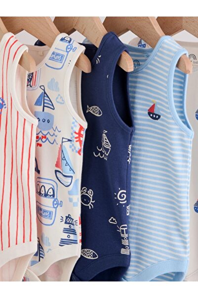 Next Baby 100% Cotton Navy Blue/Red Striped Baby Rompers 5-Pack