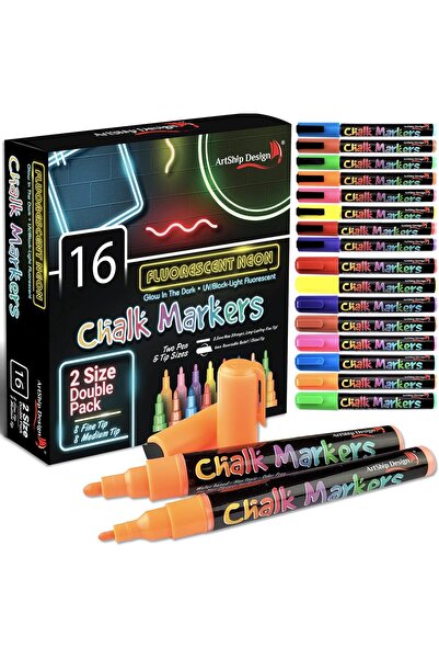 ArtShip Design Fluorescent Neon Chalk Markers, 16 Pens with Luminous Glow-in-...