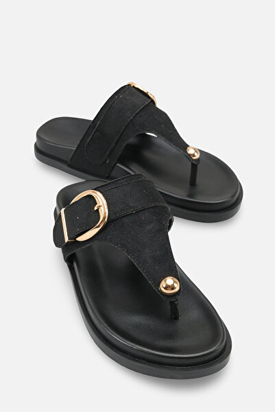 Solo Bag Γυναικείες καθημερινές μαύρες σουέτ παντόφλες με αγκράφα και λεπτομέ...