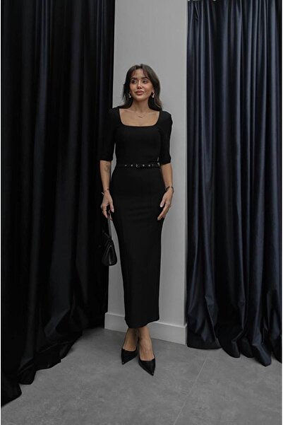 maf collection Kadın Zara Model Kemerli Siyah Kare Yaka Kısa Kol Abiye Elbise
