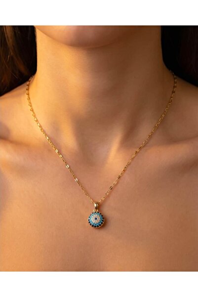 Round Zircon Stone Steel Necklace with Aurion Evil Eye Beads