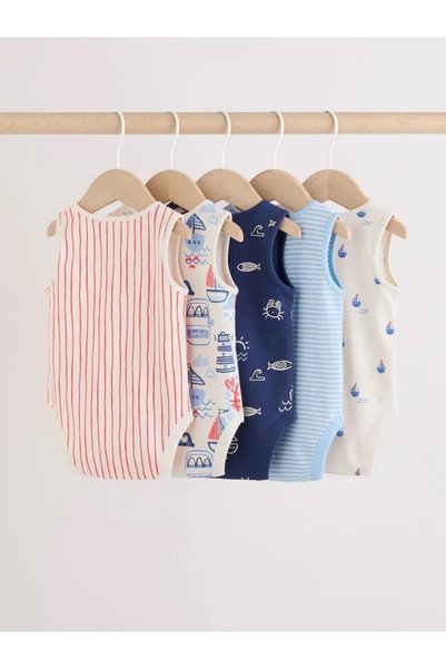 Next Baby 100% Cotton Navy Blue/Red Striped Baby Rompers 5-Pack
