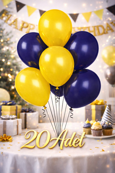 Renkli Party Metalik Sarı Lacivert Parlak 20 Adet (10+10) Balon Doğum Günü Ku...