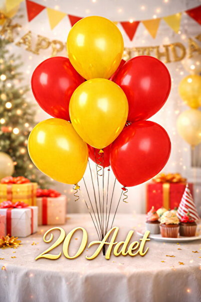 Renkli Party Metalik Sarı Kırmızı Parlak 20 Adet (10+10) Balon Doğum Günü Kut...