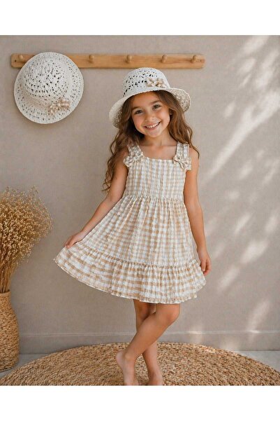 krm kerem bebe Καλοκαιρινό καρό φόρεμα για κορίτσια με καπέλο και τιράντες
