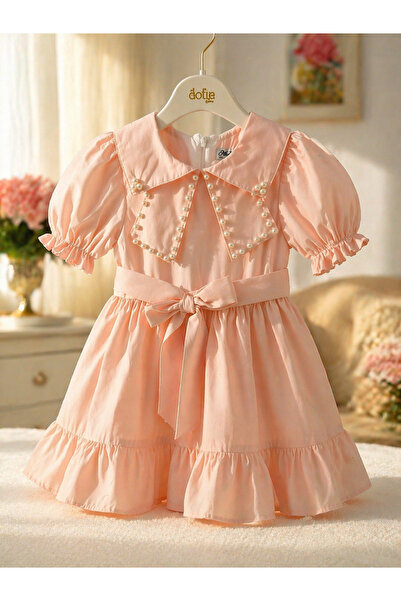 miss sofia Vintage Girl's Powder Pink Pearl Detailed Collar Bow Dress |   Sty...