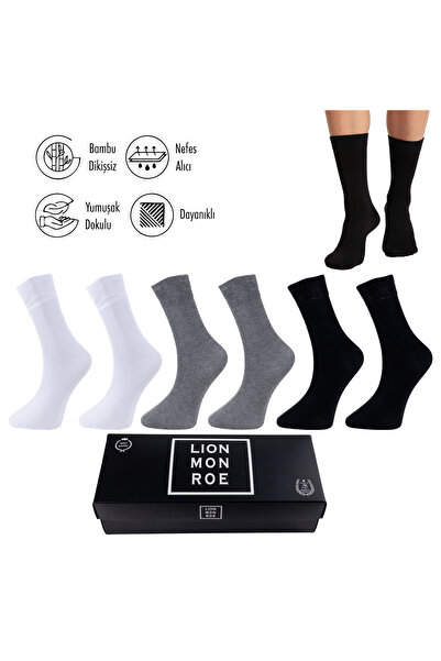 Lion Monroe Saf Bambu Erkek Soket Uzun Düz Beyaz-Gri-Siyah Çorap Dikişsiz Pre...