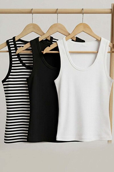 COTENCONCEPT 3 Pieces of Ribbed Fitted Viscose Blended Strappy T-Shirt