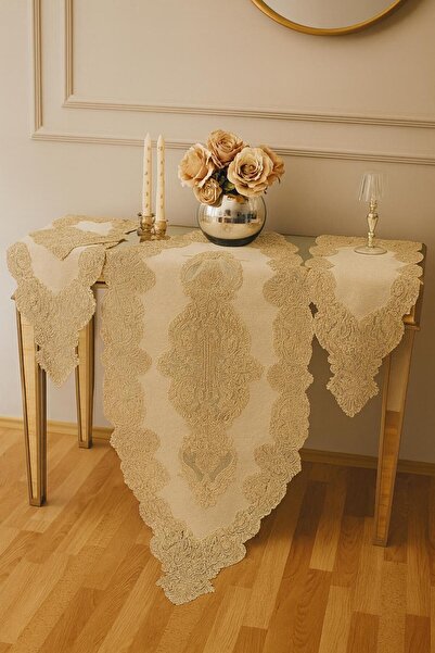 Ceki Home Σετ Σαλονιού με Ράνερ, Κρεμ Λινό, Γαλλική Δαντέλα, Προϊόντα Προίκας...