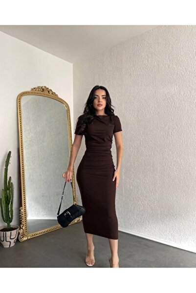 Crystal Life Κοντομάνικο μακρύ φόρεμα με σούρες στο πλάι