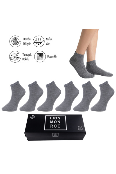 Lion Monroe Saf Bambu Erkek Yarım Konç Düz Gri Çorap Dikişsiz Premium Kutulu ...