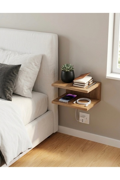 ALADAĞ HOME 25X25 Wall Mounted Walnut Shelf Bedside Table Side Table 2 Layers...