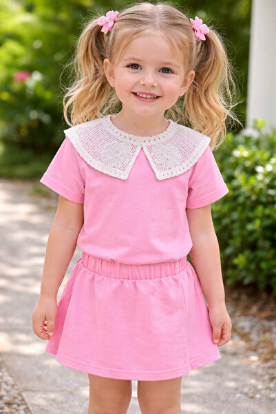 ues Κοριτσίστικο σετ με ροζ δαντελένιο γιακά και σορτς-φούστα, 100% βαμβάκι, ...