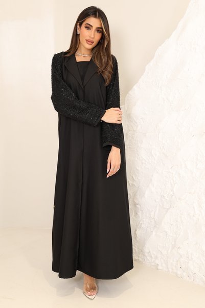 SAI ABAYA Premium Stylish Black Creepe Coat Coller Abaya with Elegant Sleeve Details for Women
