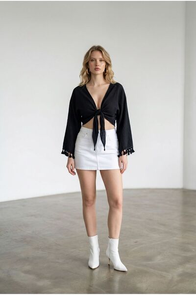 Crystal Life Λινό πουκάμισο με κρόσσια και δέσιμο στο λαιμό