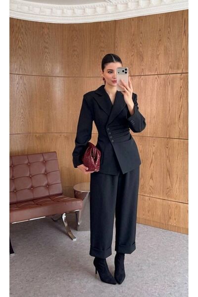 QETEENN Premium Tasarım Yan Düğme Detaylı Kruvaze Blazer Ceket Pantolon Takım