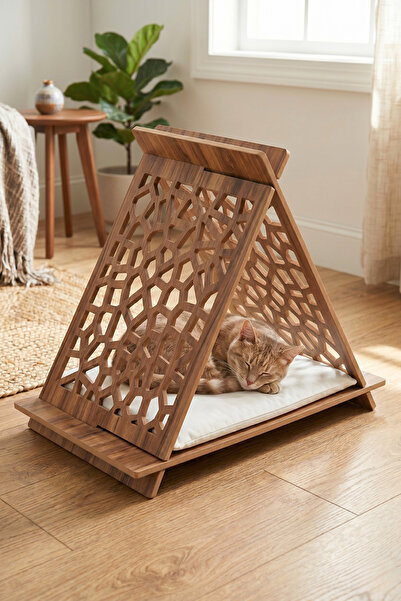 Ahşap Modern Kedi Evi, Dekoratif Kedi Yatağı, Desenli Kedi Kulübesi