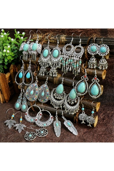 Choice X24053003 14 Pairs Boho Earrings with Turquoise Antique Silver Tassel/...