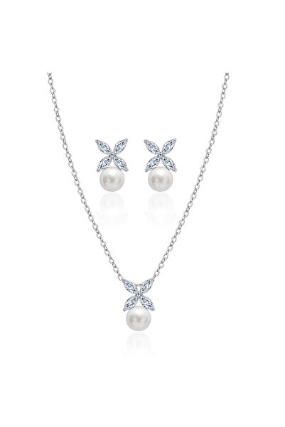 Choice3 White set ZAKOL 2 Pcs Simple Marquise Zircon Pearl Stud Earrings Neck...