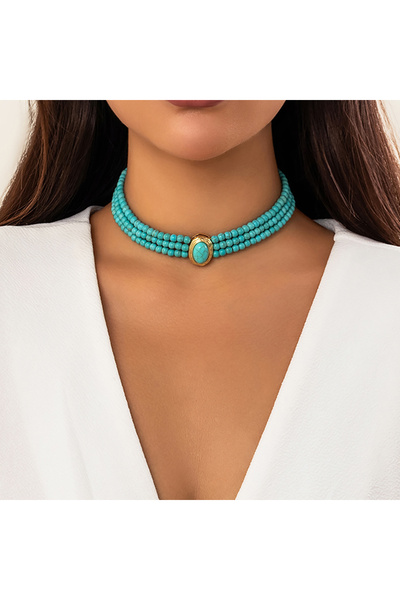 Choice Blue Multi-layer Blue Green Marbling Stone Beads Necklaces Elegant Ova...