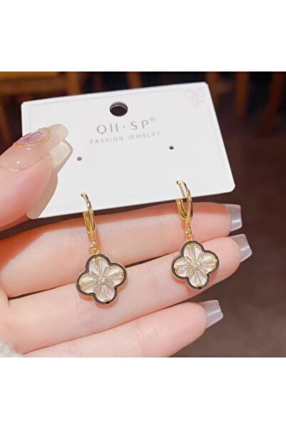 Choice Gold-color Exquisite and Elegant Zircon Four-Leaf Flower Pendant Earri...