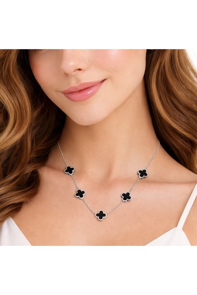 AXXION Black Clover Detailed Silver Color Steel Women's Necklace Elegant Stylish Daily Use